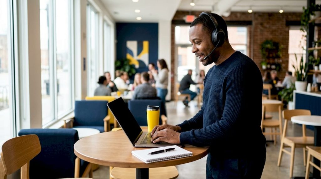 IT support manager assisting clients on headset