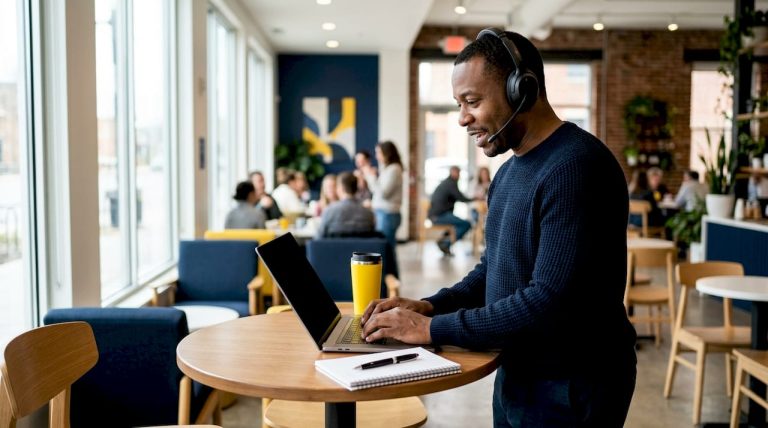 IT support manager assisting clients on headset