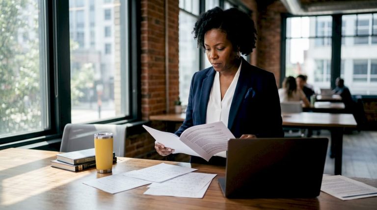 IT analyst reviewing cybersecurity policies in office