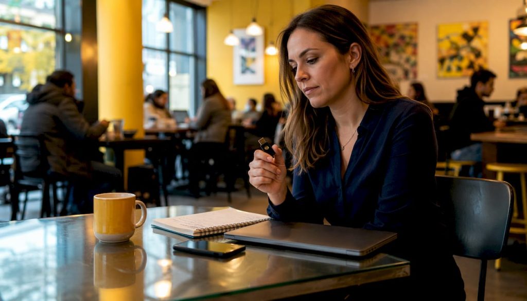Small business owner holding security key at home office desk
