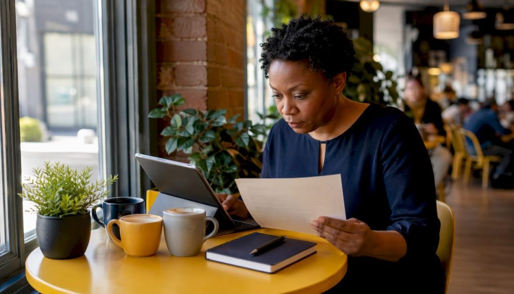 Woman reviewing phone port documents in office