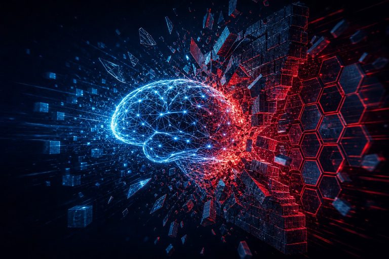 Illustration of an AI model breaching a company network, representing autonomous AI cybersecurity threats