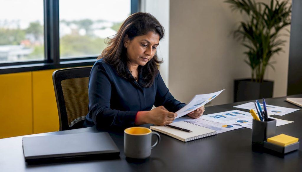 Woman reviewing vendor risk assessment reports
