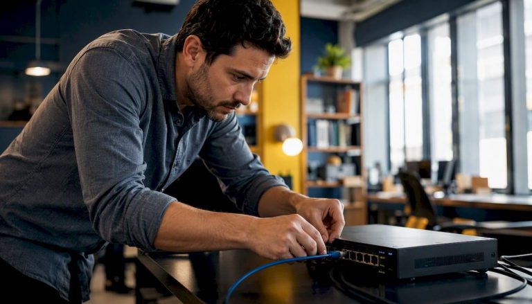 Hands connecting network cable for email security