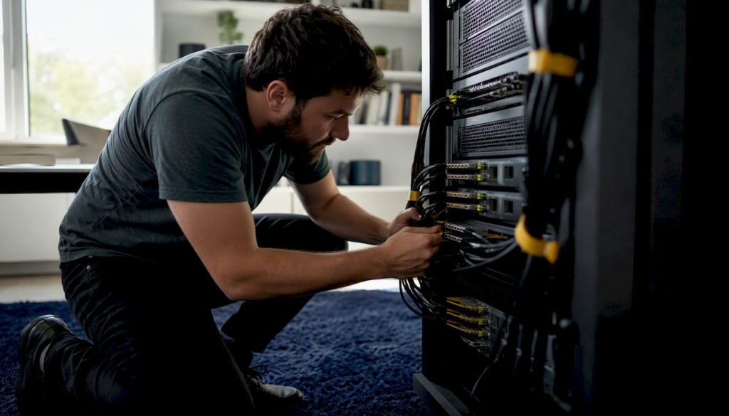 Hands connecting network cables in server room