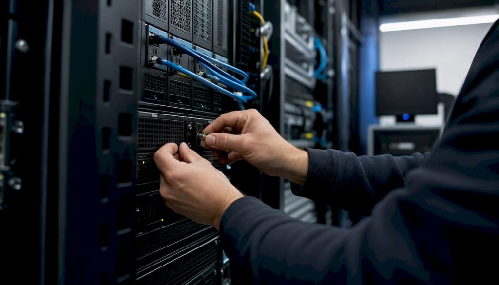 IT admin hands securing server rack
