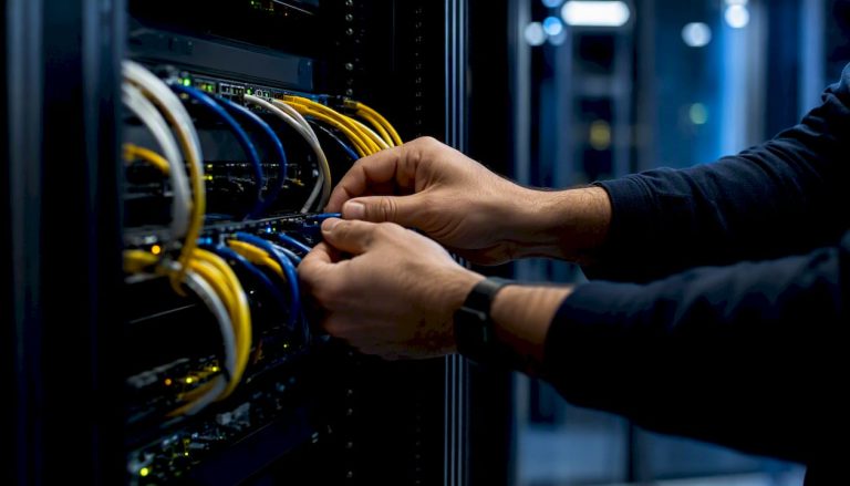 Technician connecting network cables