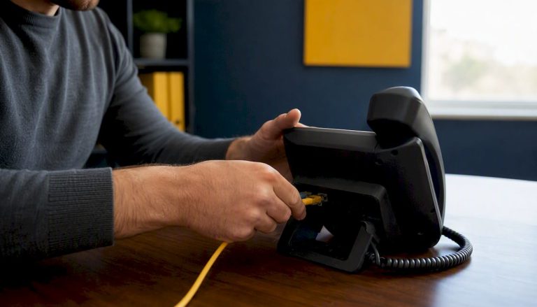 Hands connecting ethernet cable to VoIP phone base