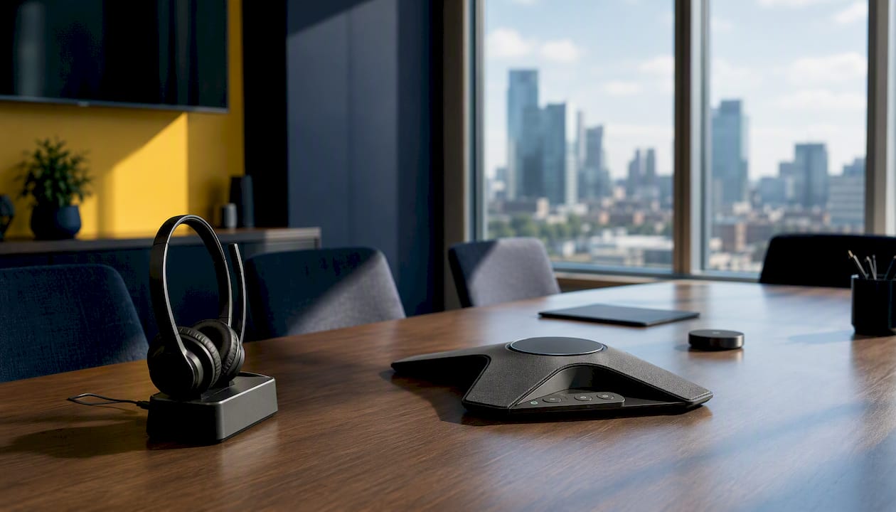 VoIP headset and conference phone on office table