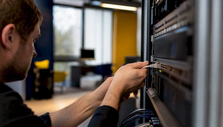 Hands unplugging network cable in server room