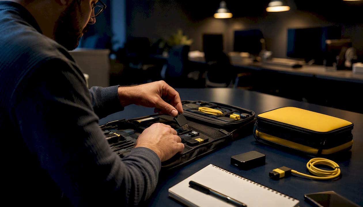 Hands preparing forensic cybersecurity tools