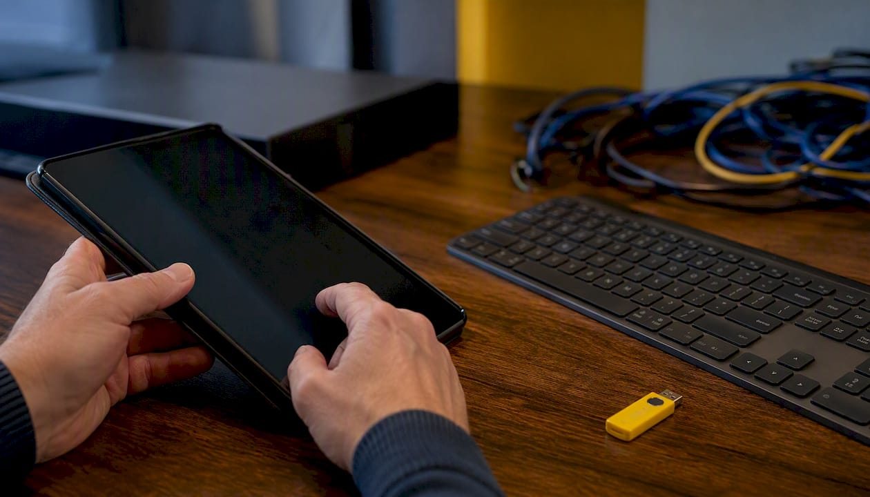 Hands with cybersecurity documentation tools on desk