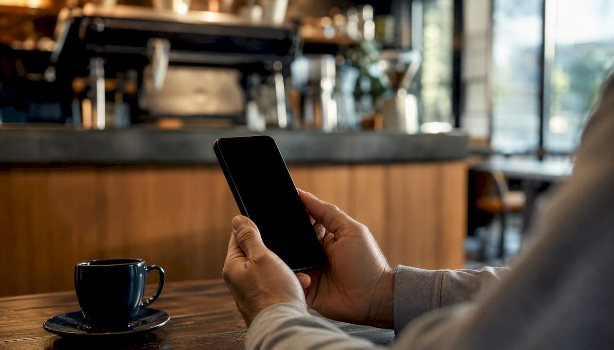 Hands holding smartphone near payment devices