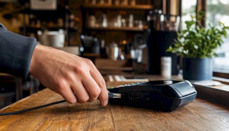 Hand connecting network cable to payment terminal