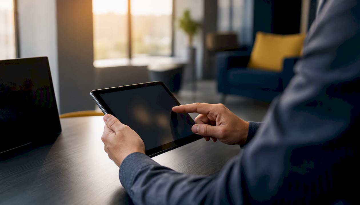 Hands interacting with tablet for cloud security