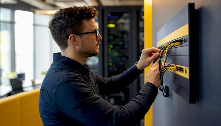Hands connecting network cable in server rack