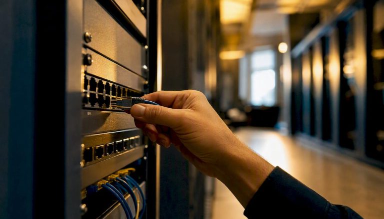 Hand unplugging network cable in server room