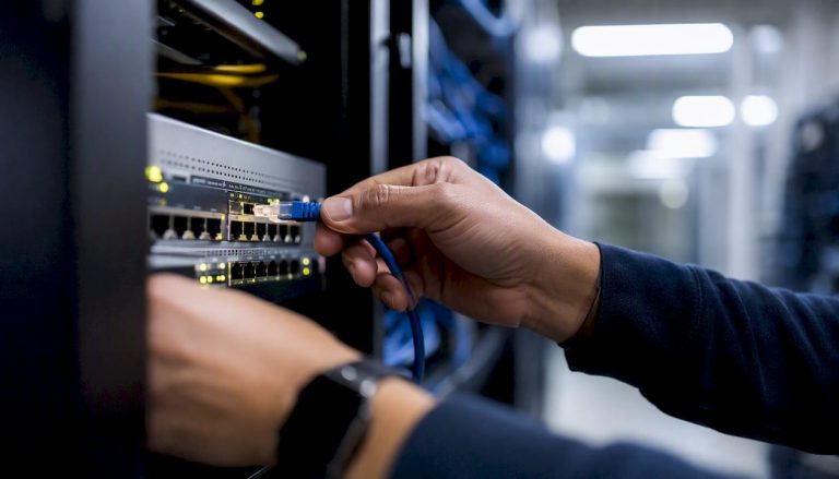 Hands connecting Ethernet cable in server room