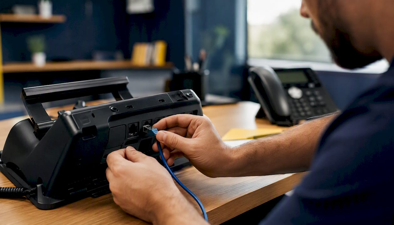 Hands adjusting cable on VoIP desk phone