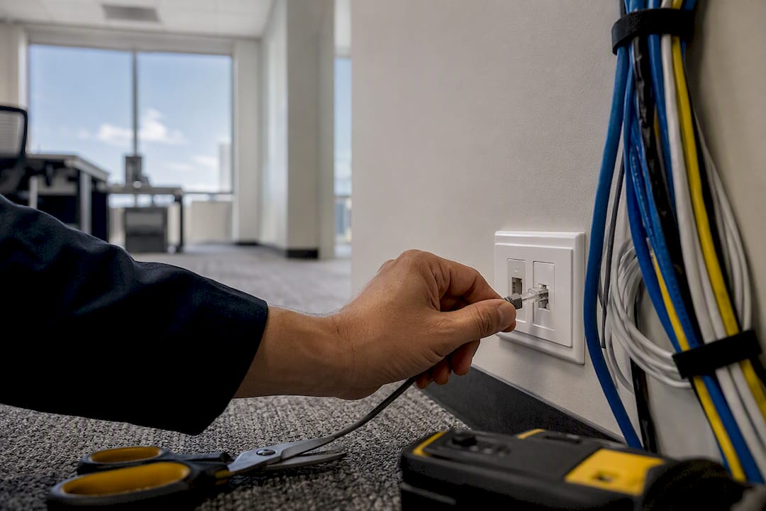 Hand connecting Cat6A cable to wall jack