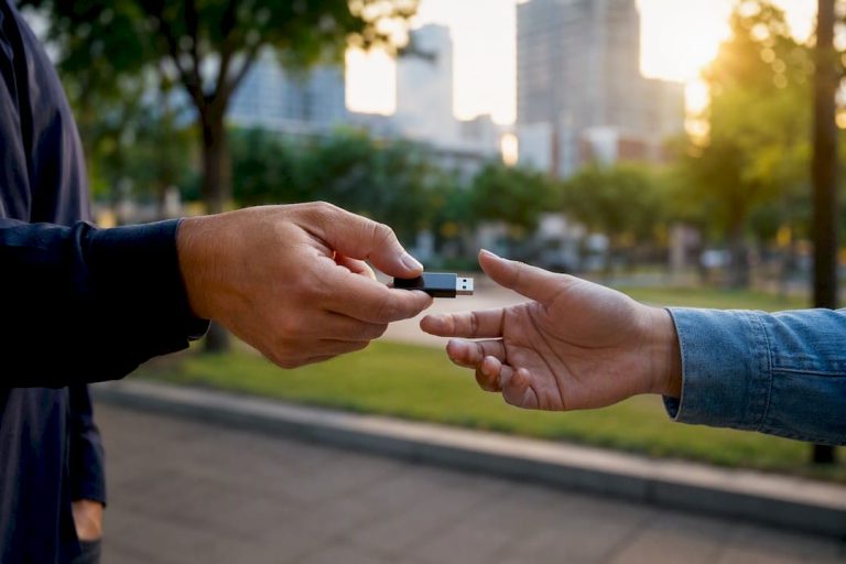 Hands exchanging a phishing training USB token