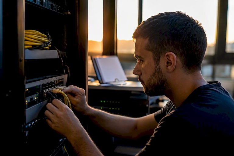Hands adjusting firewall device in server room