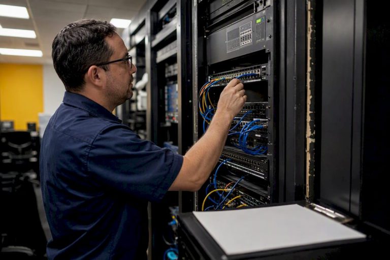 Technician unplugging network cable in server room