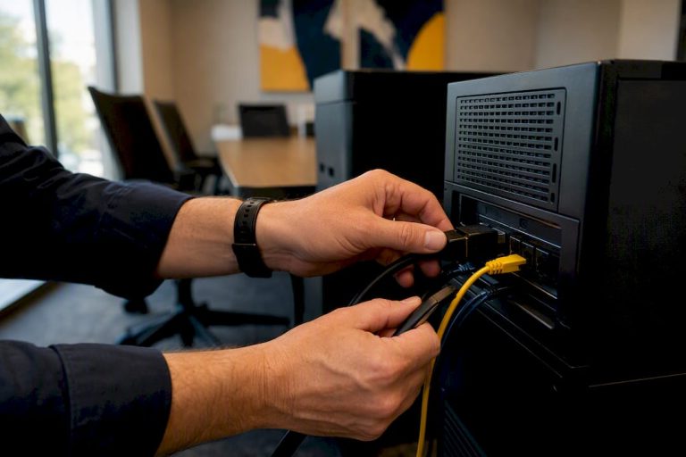 Hands connecting backup hardware in server room