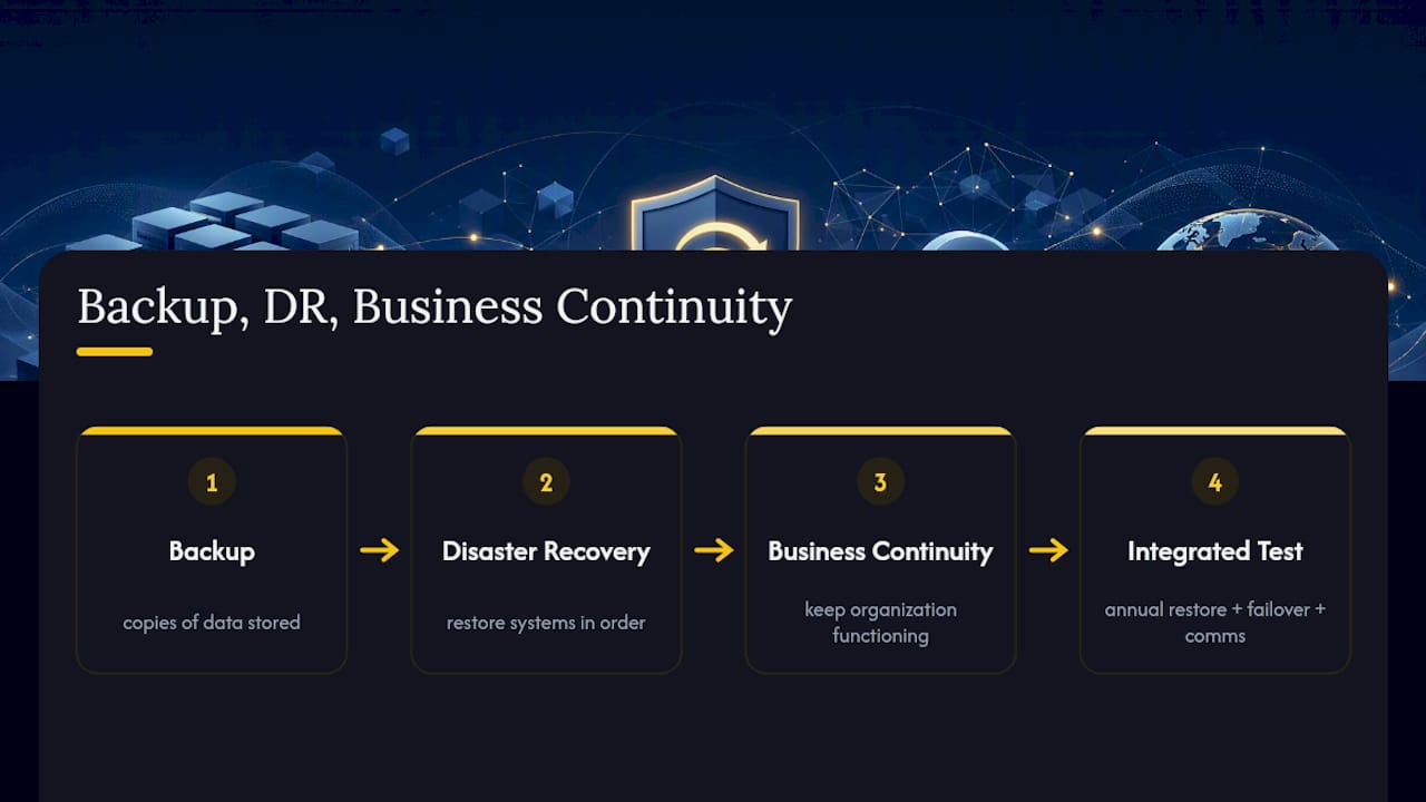 Diagram comparing backup, disaster recovery, and business continuity