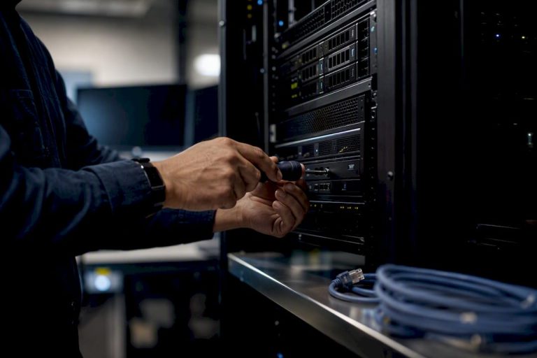 Hands performing manual server maintenance