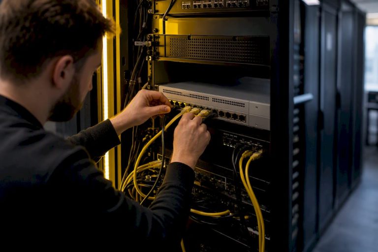 Hands connecting network firewall device cables