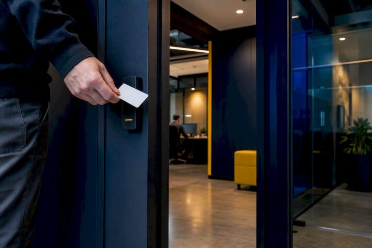 Employee presenting badge at office entry