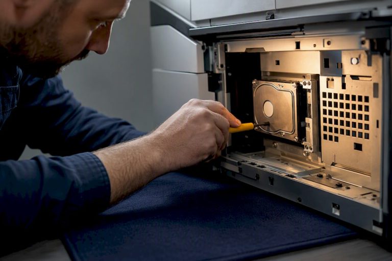 Technician inspecting anonymous copier drive compartment