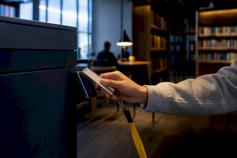 Student tapping badge at campus printer