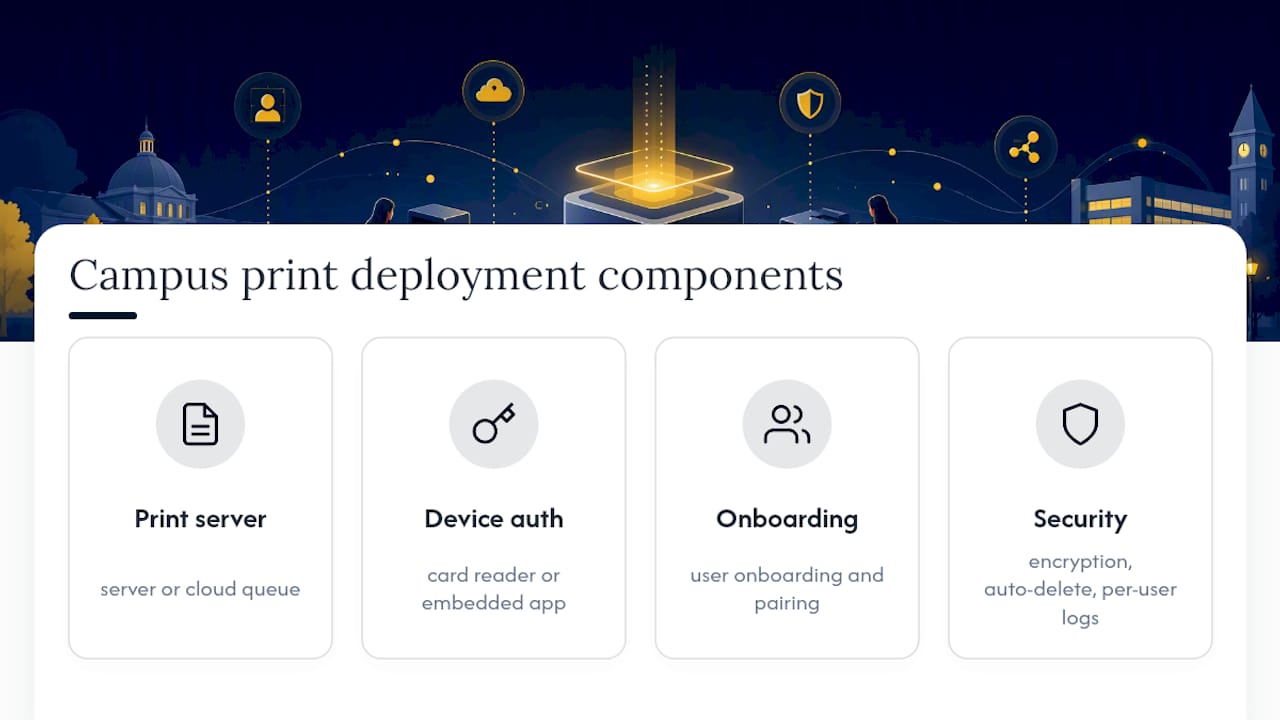 Campus follow-me printing setup components