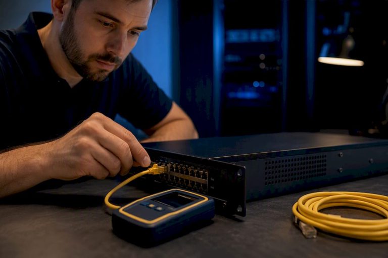 Technician testing voice gateway connections