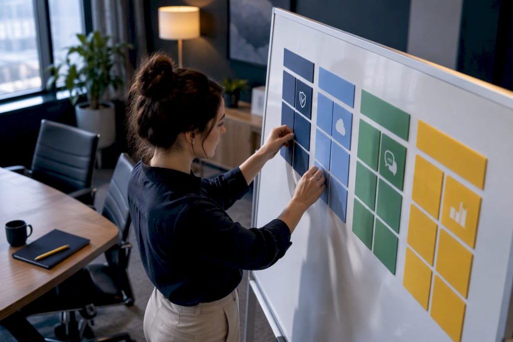 Hands arranging a small-business technology roadmap