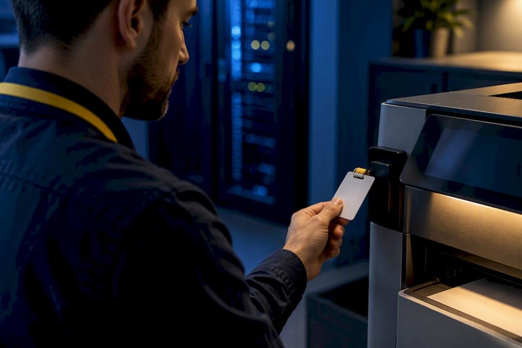 Technician authenticating at secure printer