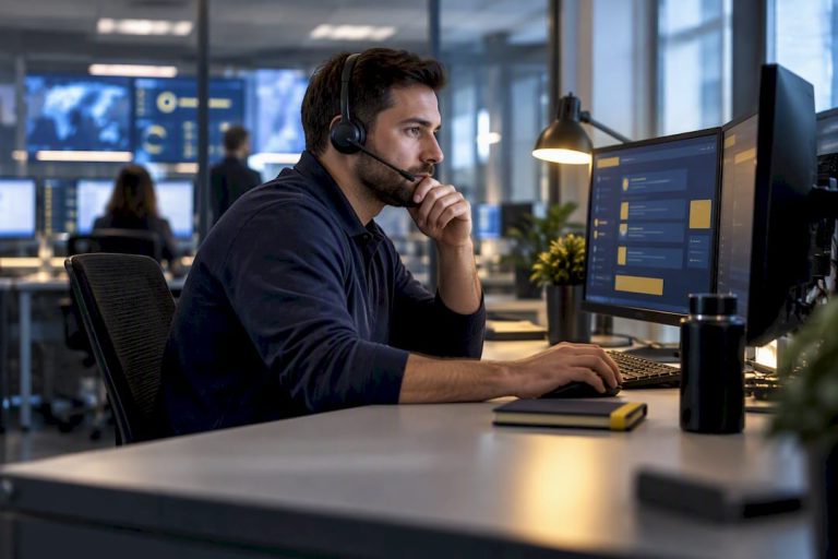 Local IT helpdesk technician reviewing support dashboard