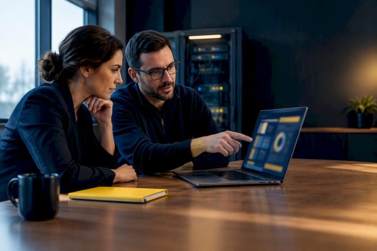 Small-business team reviewing cybersecurity priorities