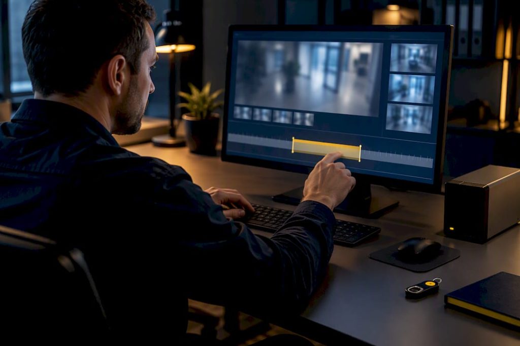 Technician testing security footage retrieval