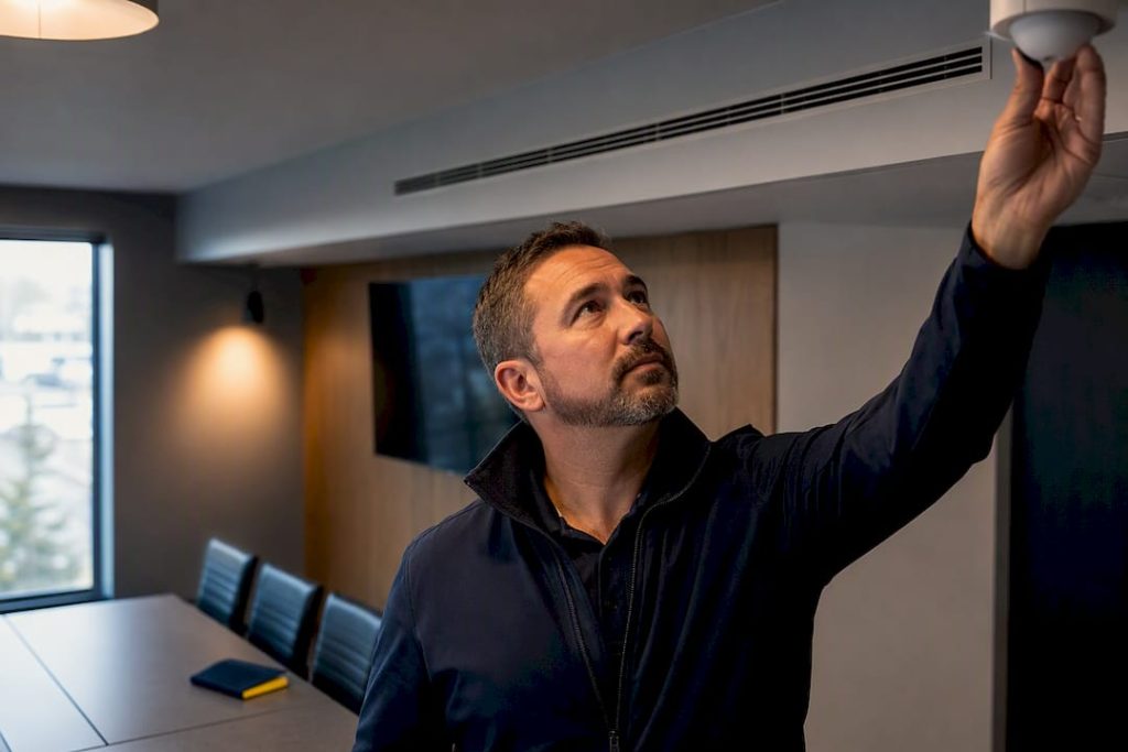 Facility manager inspecting office ceiling sensor