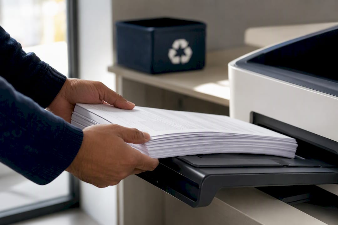 Hands collecting two-sided printed pages