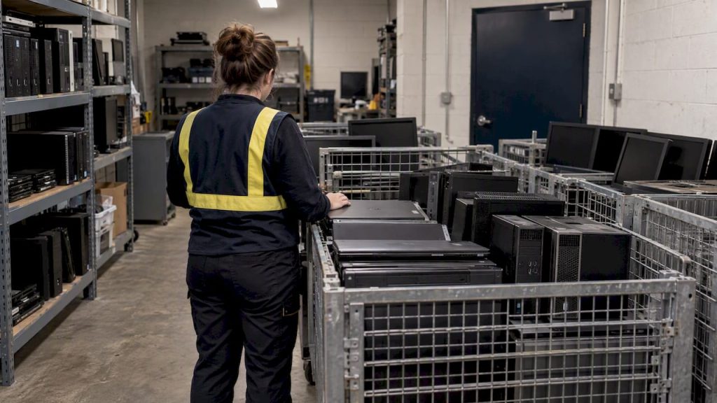 Manager inspecting retired IT equipment for disposal