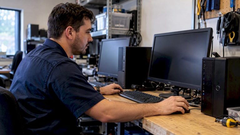Technician verifying a restored test workload