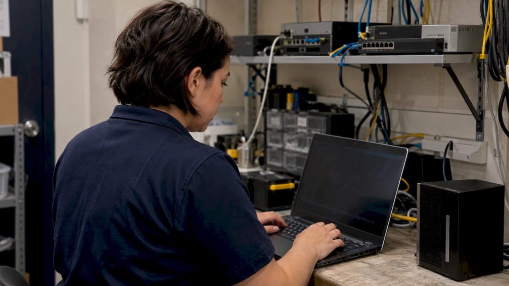 Technician hardening a small business laptop