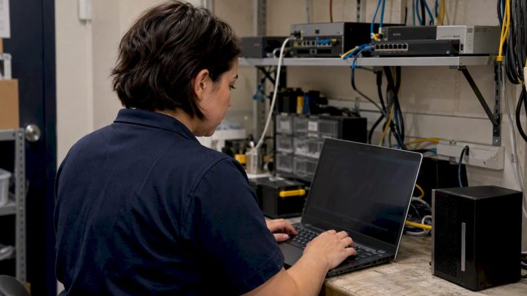 Technician hardening a small business laptop